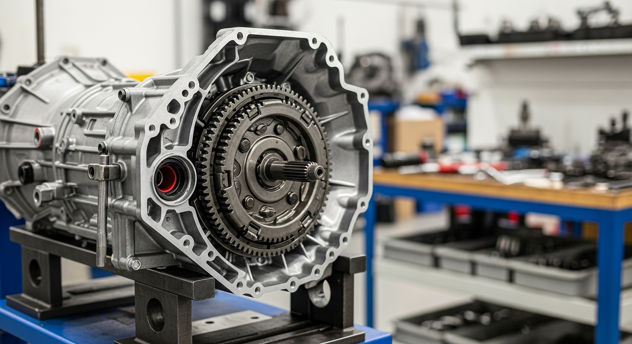 A rebuilt transmission on the build bench