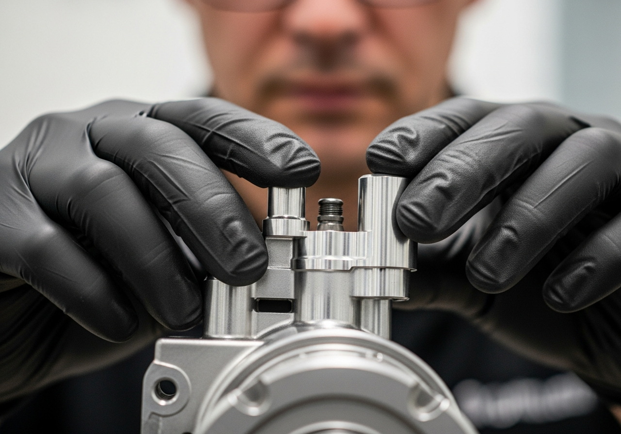 A builder fitting a freshly machined component by hand in nitrile gloves