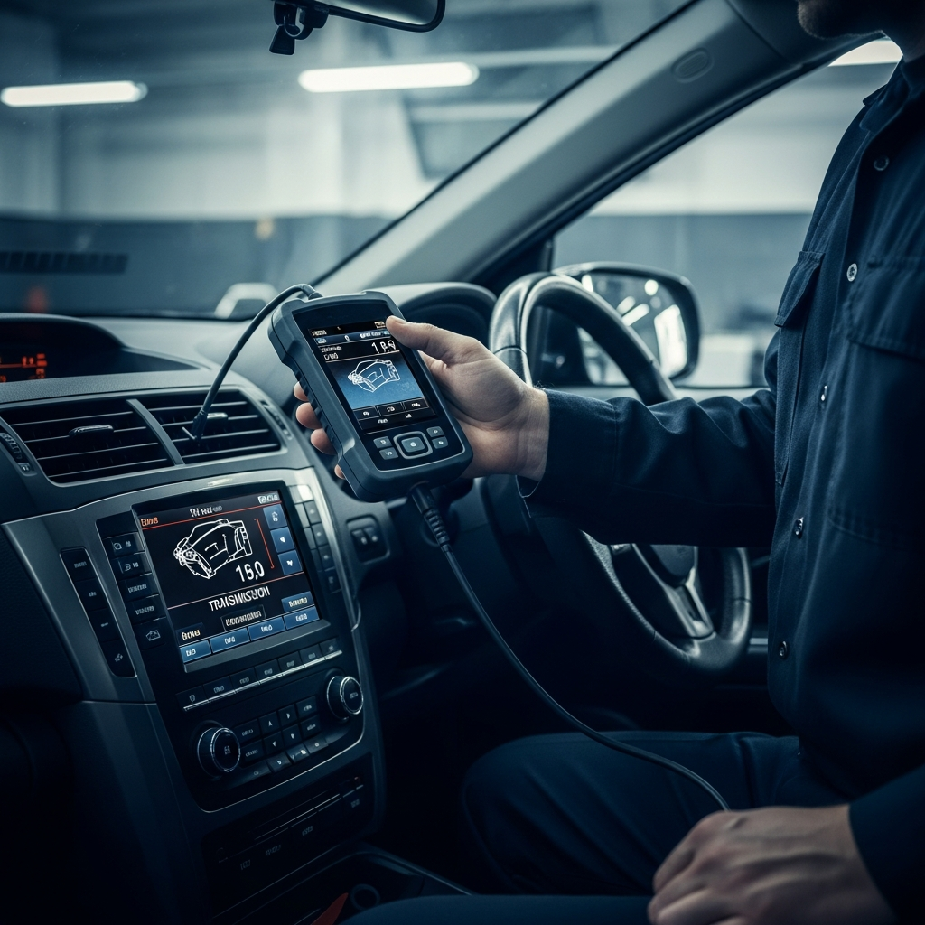Technician running computer diagnostics on a vehicle
